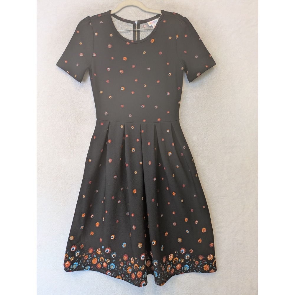 LuLaRoe Nicole Dress Women's XS Black Floral Border Short Sleeve Fit & Flare